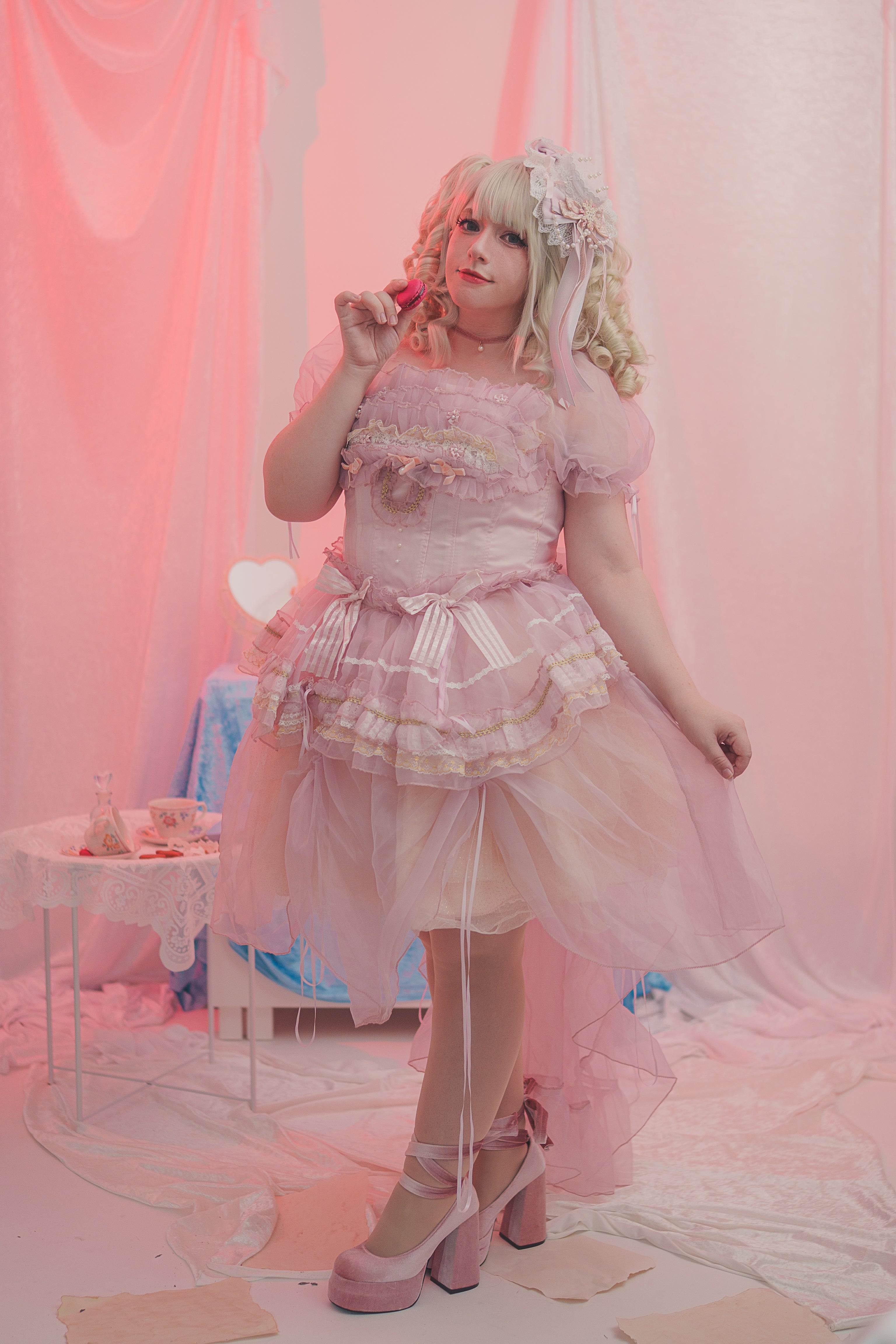 Rosy Confection Dream OP Set with Bonnet & Gloves (Pink)