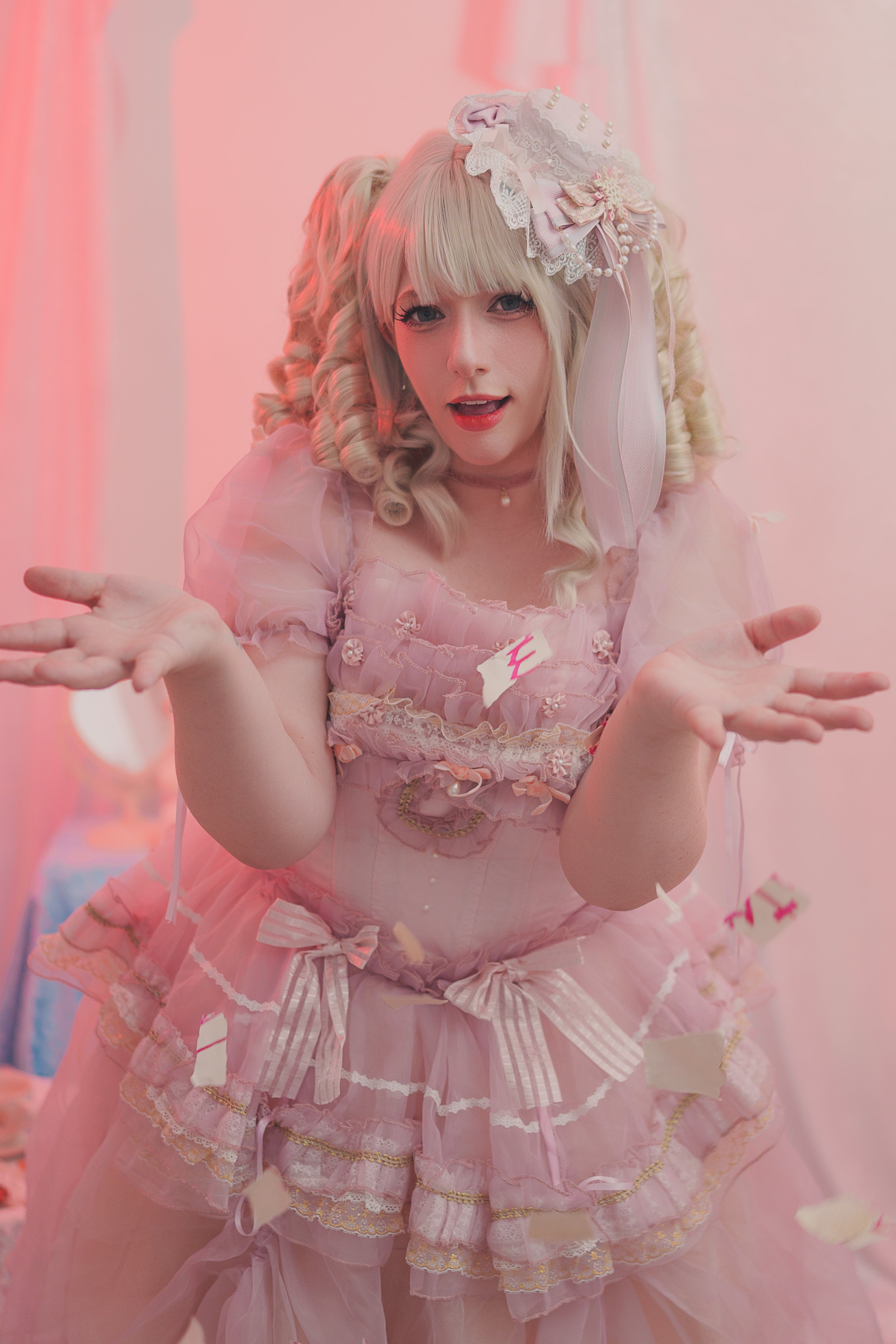 Rosy Confection Dream OP Set with Bonnet & Gloves (Pink)