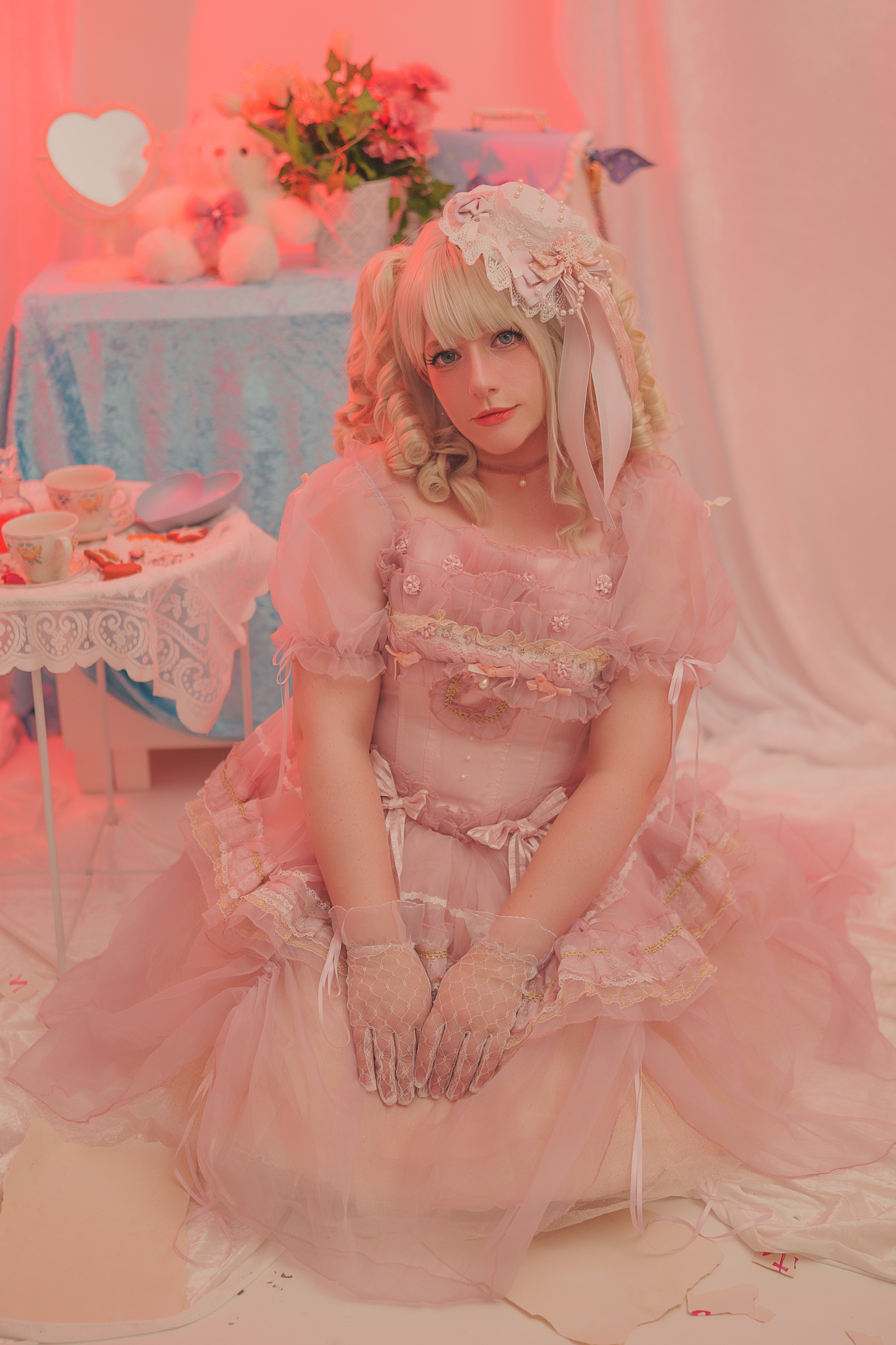 Rosy Confection Dream OP Set with Bonnet & Gloves (Pink)