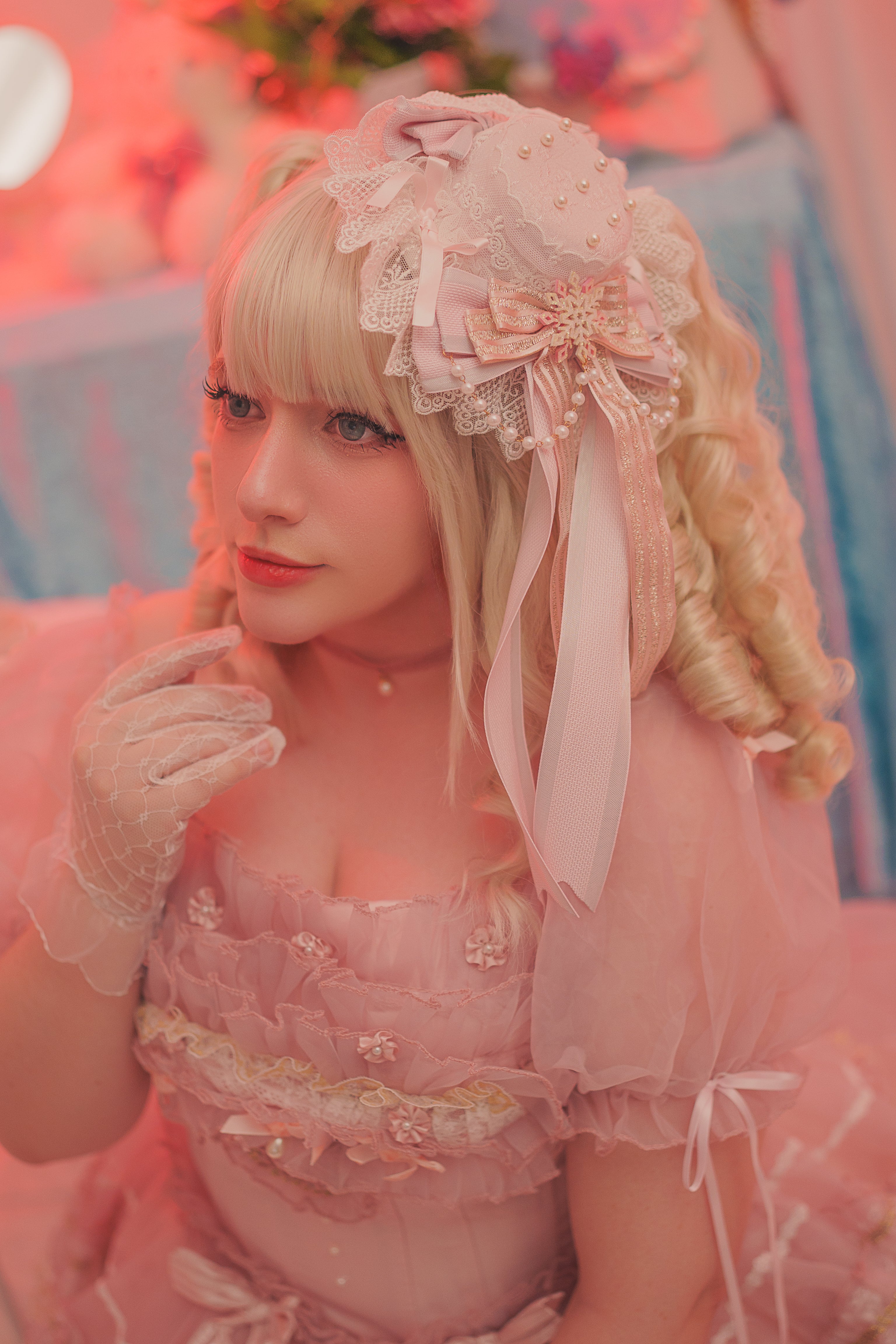 Rosy Confection Dream OP Set with Bonnet & Gloves (Pink)