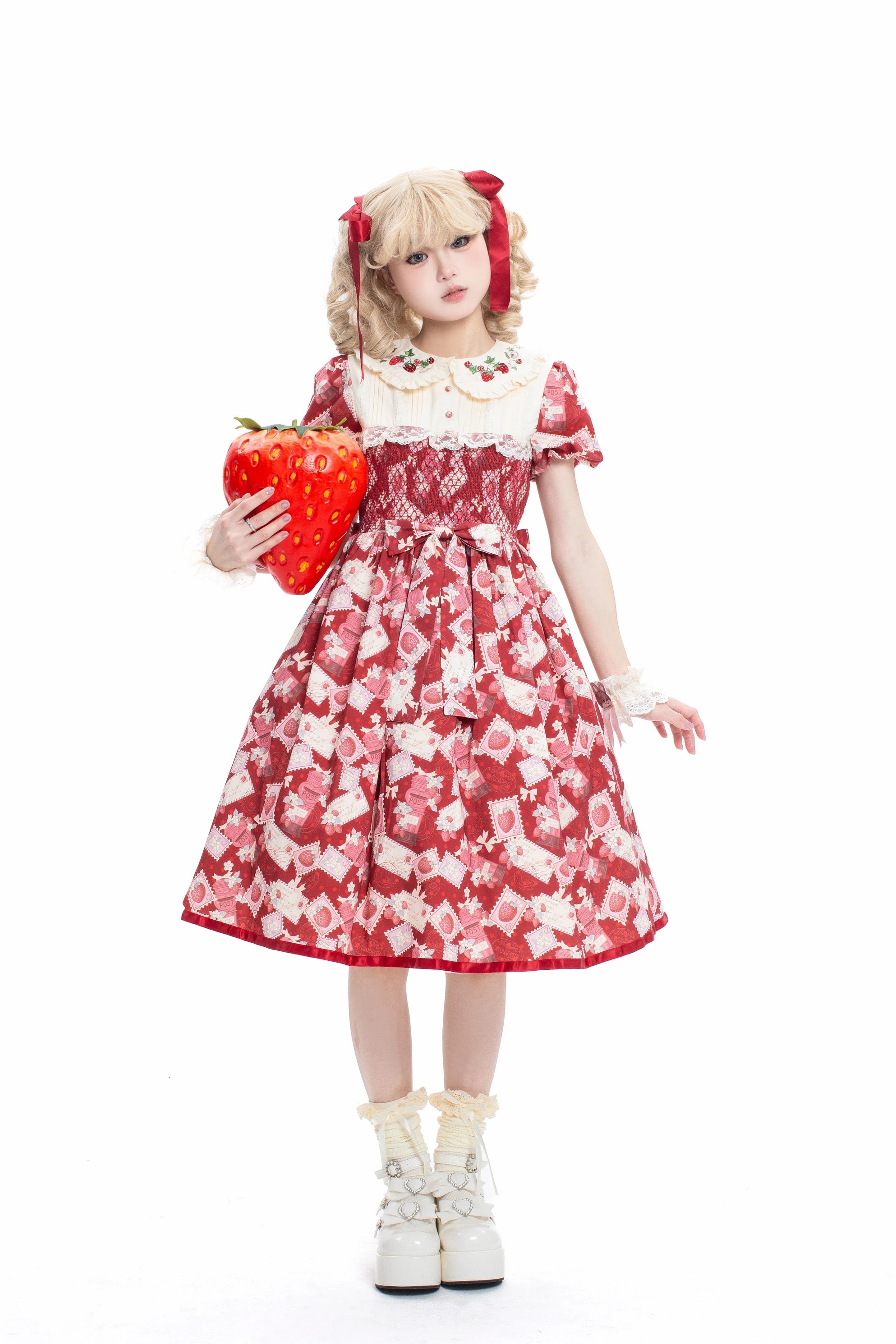 Strawberry Letter Classic Lolita JSK – Navy / Wine Red / Pastel Pink