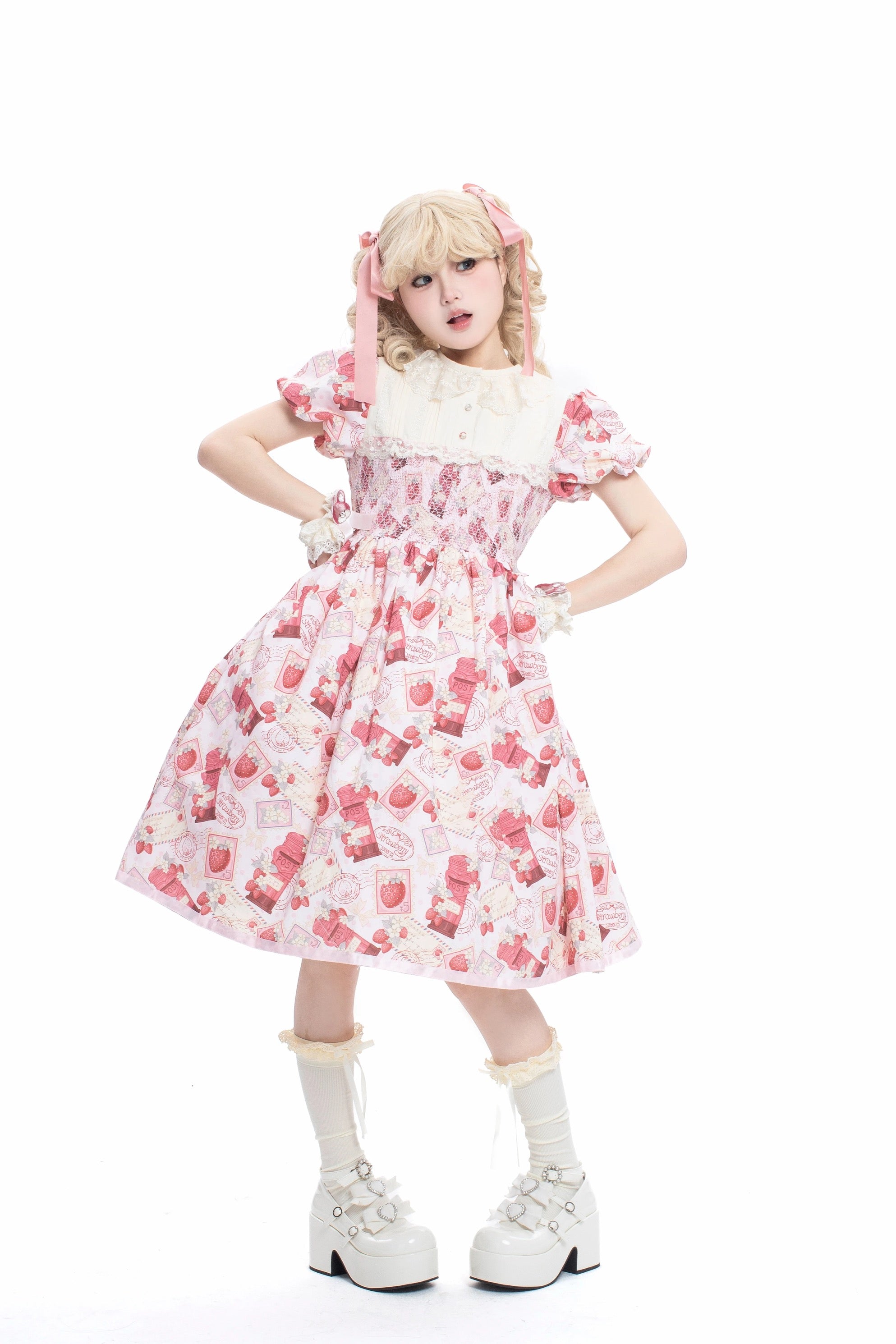 Strawberry Letter Classic Lolita JSK – Navy / Wine Red / Pastel Pink