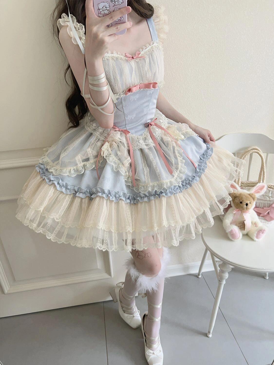 Short Lolita Dress  With Pink Bows Decoration and Ballerina Skirt