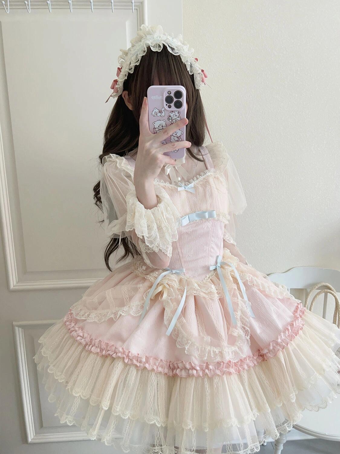 Short Lolita Dress  With Pink Bows Decoration and Ballerina Skirt