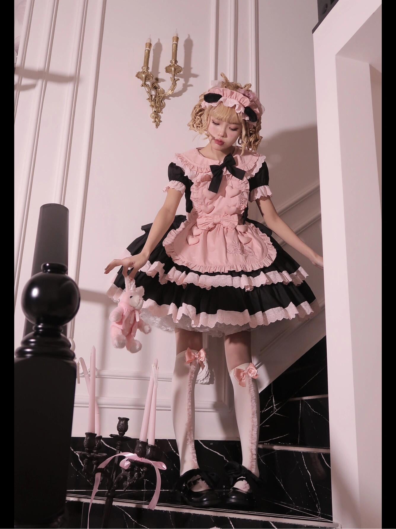 Cute Lolita Maid Dress Black and Pink With Short Sleeve