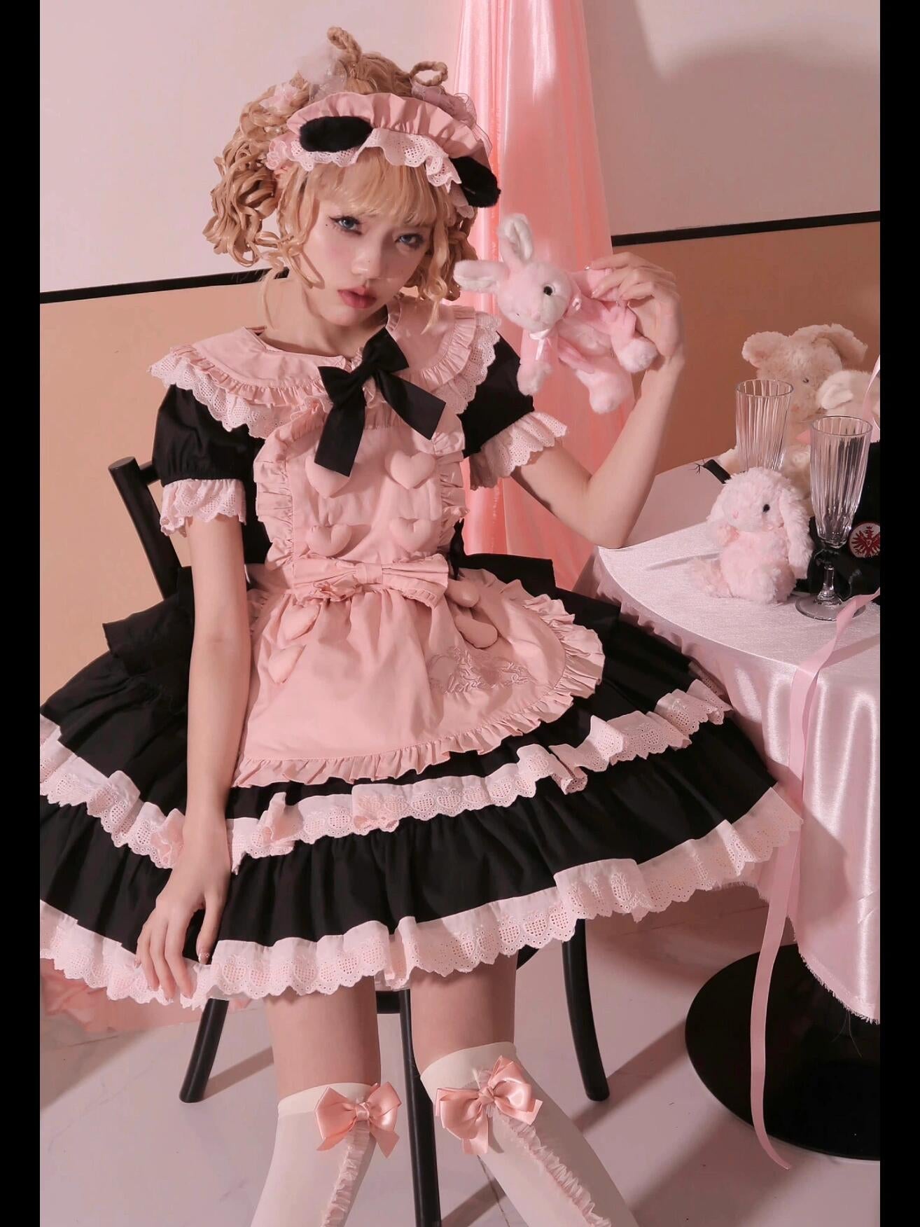 Cute Lolita Maid Dress Black and Pink With Short Sleeve