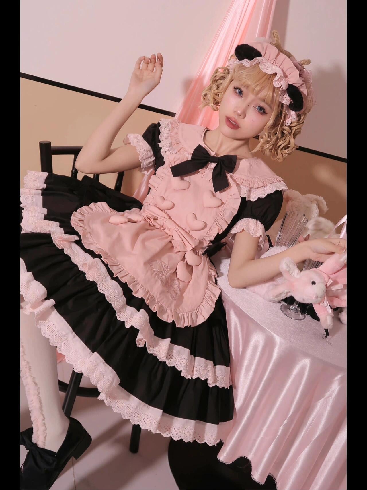 Cute Lolita Maid Dress Black and Pink With Short Sleeve