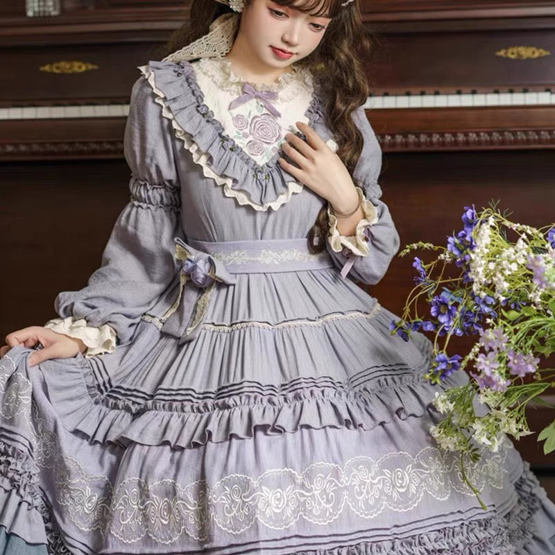 Victorian Garden Melody Lolita Dress (Lavender Mist and Sage Green)