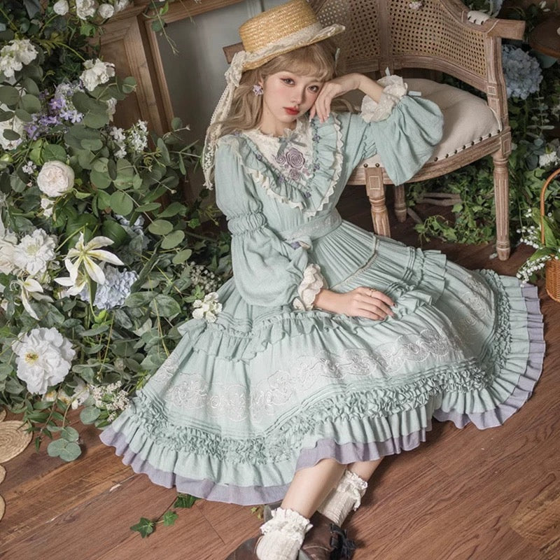 Victorian Garden Melody Lolita Dress (Lavender Mist and Sage Green)