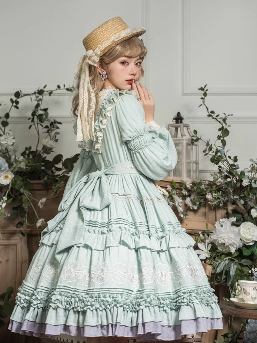 Victorian Garden Melody Lolita Dress (Lavender Mist and Sage Green)