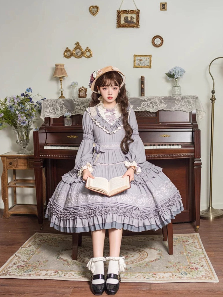 Victorian Garden Melody Lolita Dress (Lavender Mist and Sage Green)