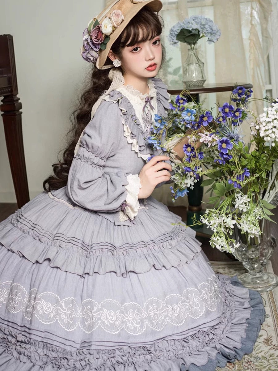 Victorian Garden Melody Lolita Dress (Lavender Mist and Sage Green)