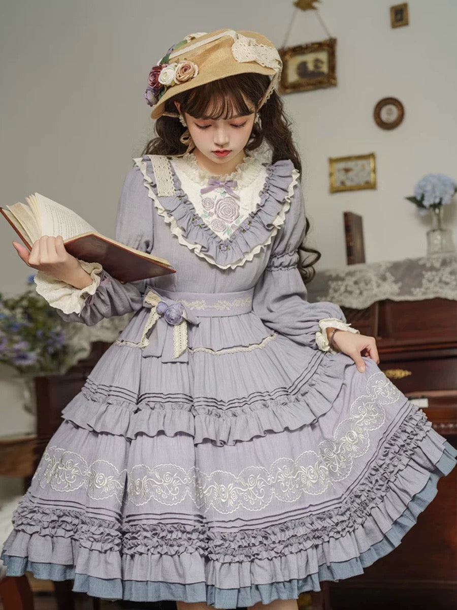 Victorian Garden Melody Lolita Dress (Lavender Mist and Sage Green)