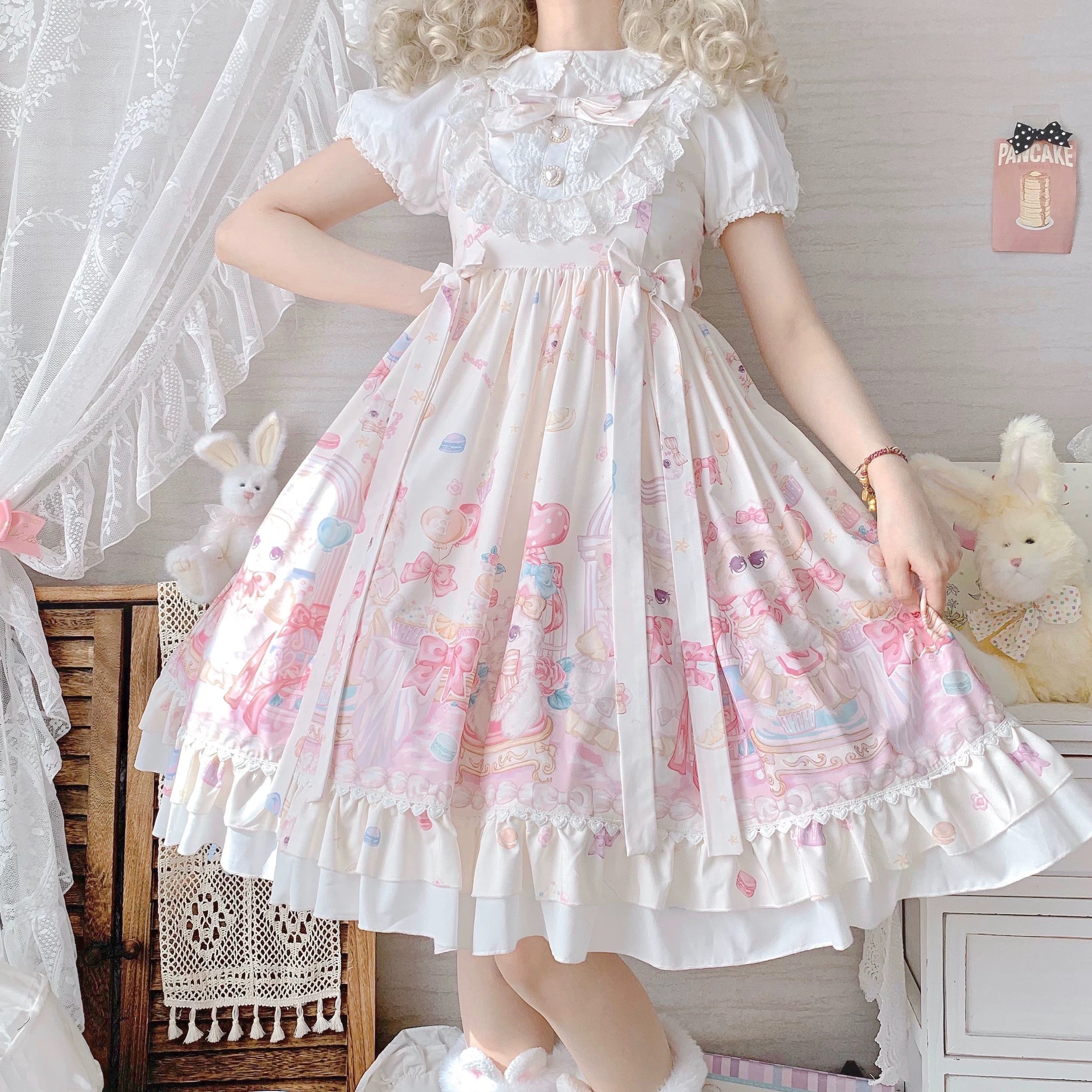 Dreamy Candy Carousel Lolita Dress / Black, Ivory & Pink