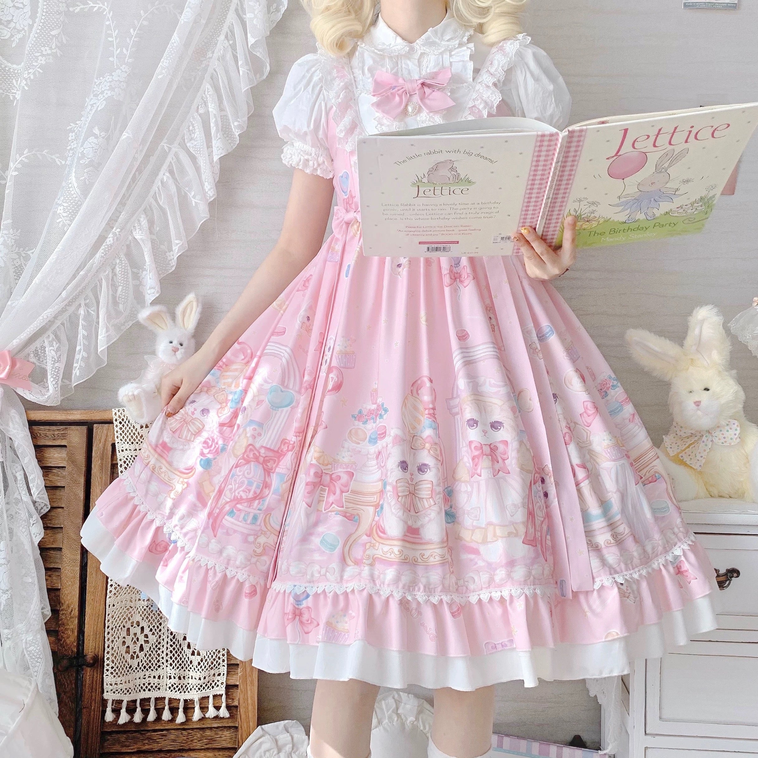 Dreamy Candy Carousel Lolita Dress / Black, Ivory & Pink