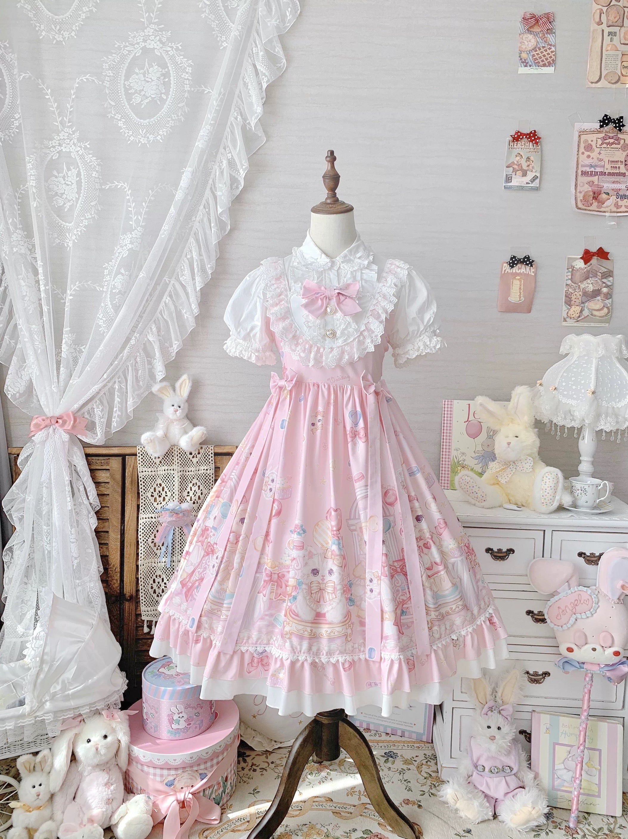 Dreamy Candy Carousel Lolita Dress / Black, Ivory & Pink