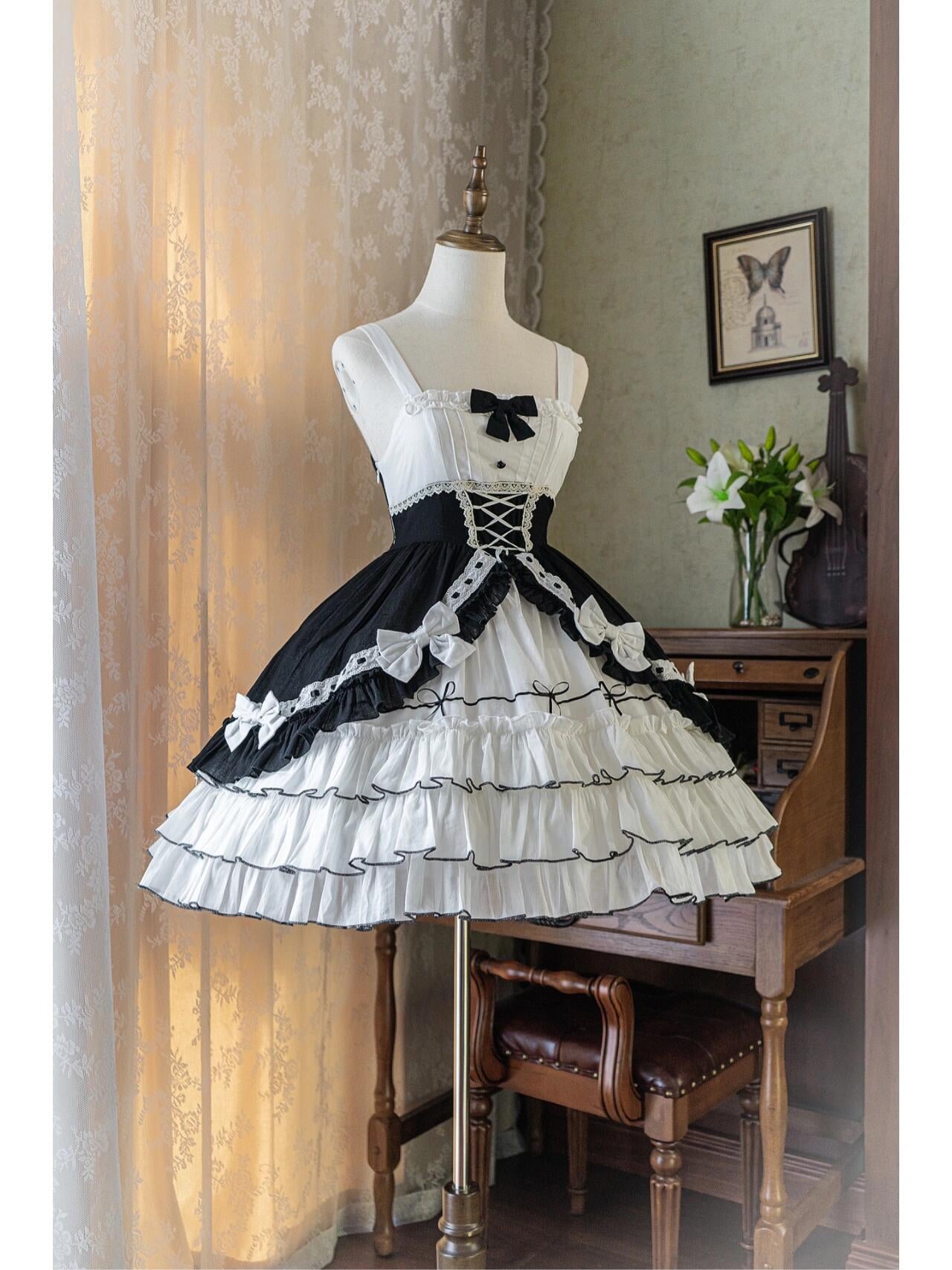 Plus Size White and Black Lolita Dress with Black Bolero