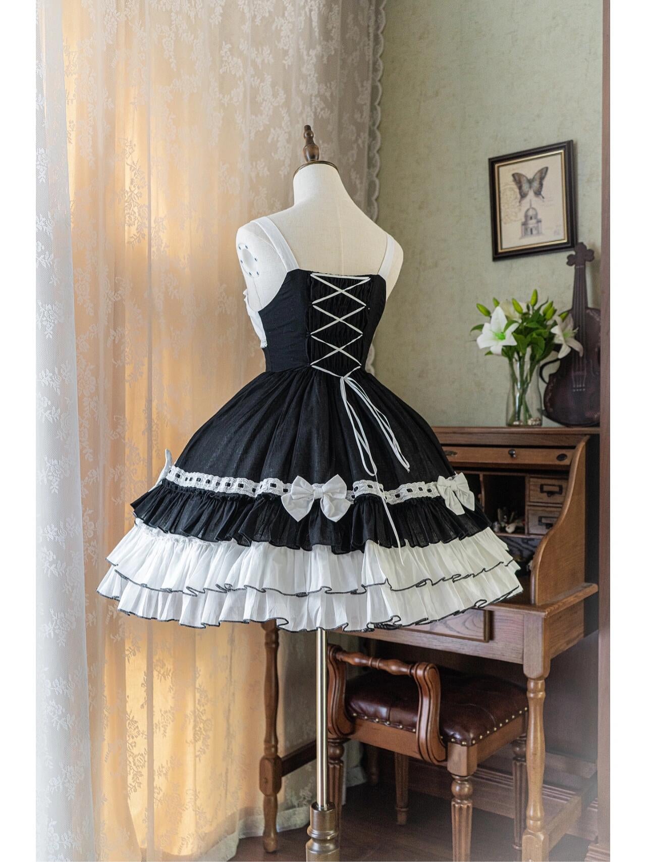 Plus Size White and Black Lolita Dress with Black Bolero