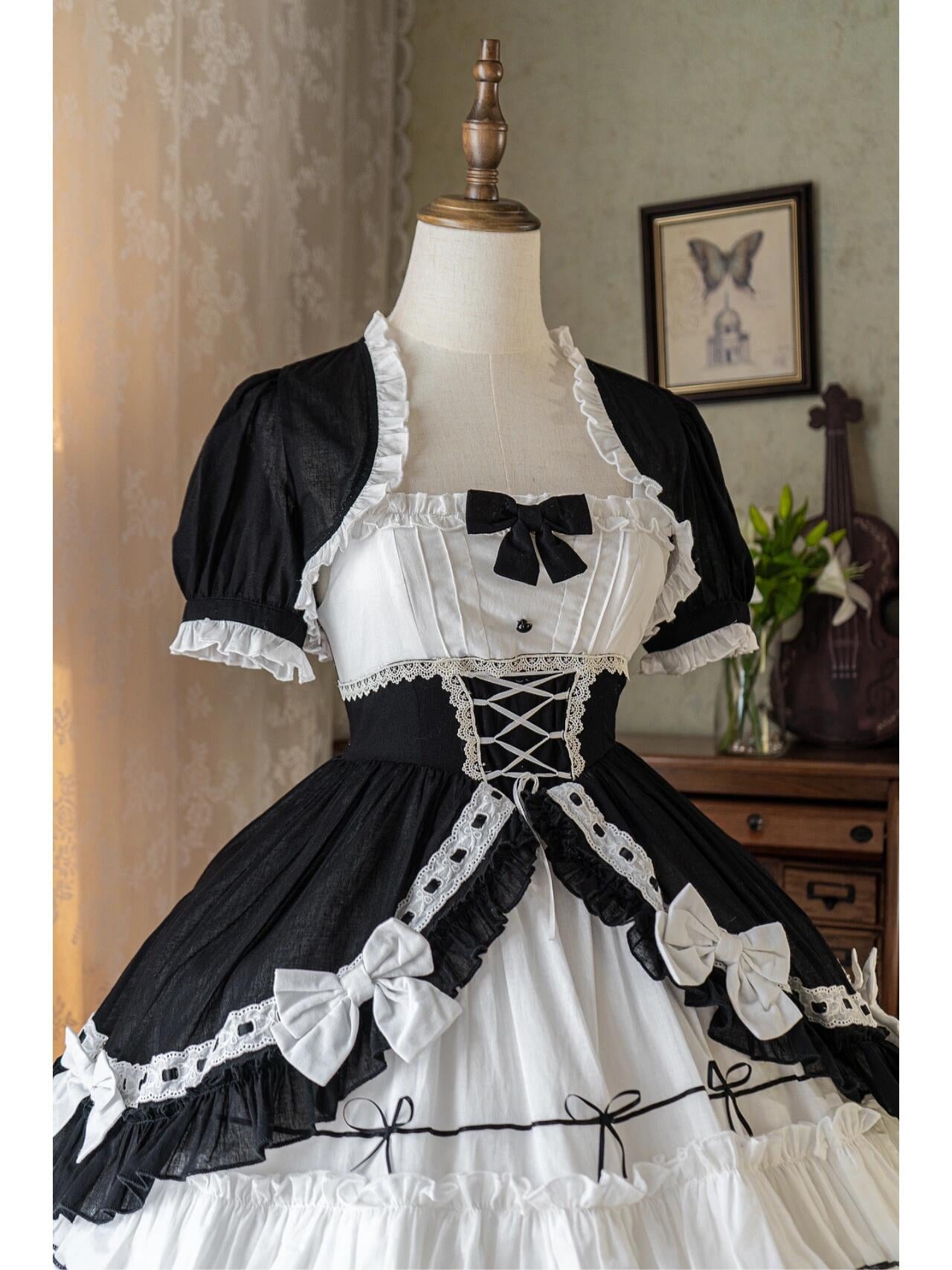 Plus Size White and Black Lolita Dress with Black Bolero