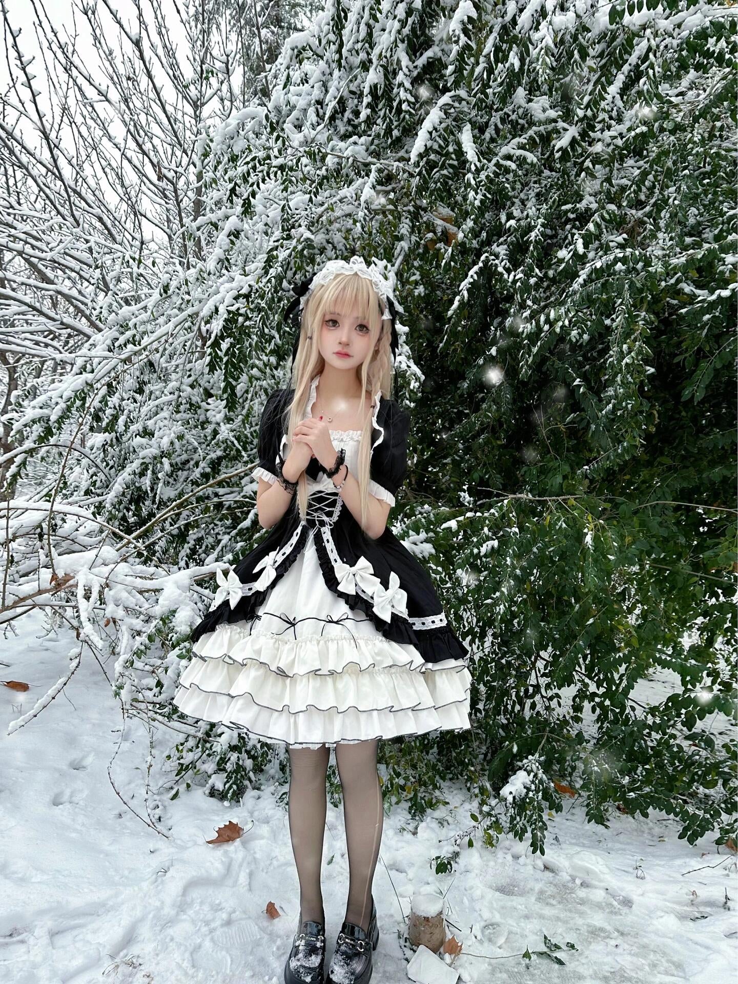 Plus Size White and Black Lolita Dress with Black Bolero