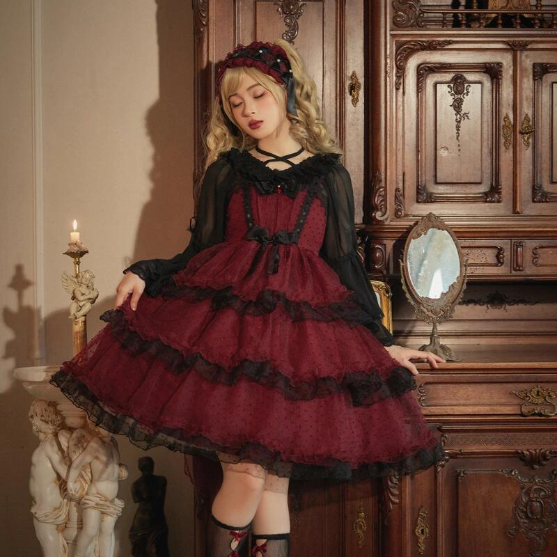 Gothic Lolita red and black dress featuring long sleeves and an included headband