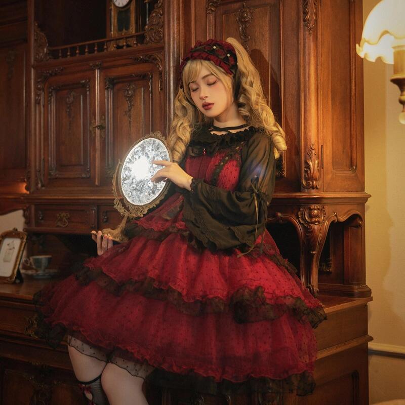 Gothic Lolita red and black dress featuring long sleeves and an included headband