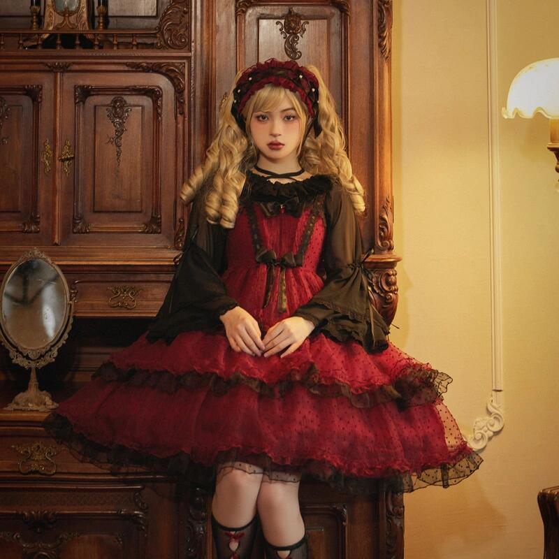 Gothic Lolita red and black dress featuring long sleeves and an included headband