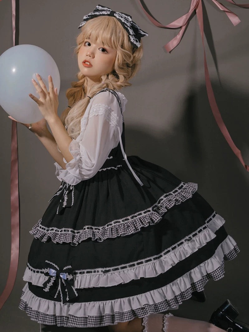 Sweetheart Charm Lolita Dress in Black with Classic Vichy Accents, Featuring a Separate Blouse and Bow Hairband