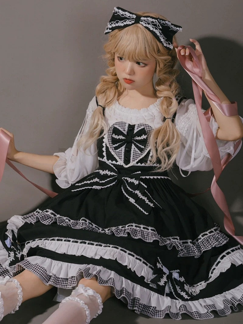 Sweetheart Charm Lolita Dress in Black with Classic Vichy Accents, Featuring a Separate Blouse and Bow Hairband