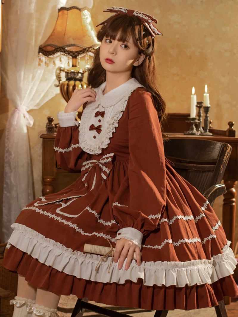 Red Lolita Dress with White Accents and Long Sleeves, Includes Bow Headband.