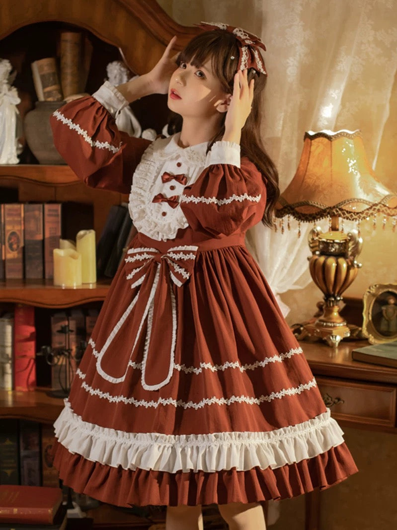 Red Lolita Dress with White Accents and Long Sleeves, Includes Bow Headband.