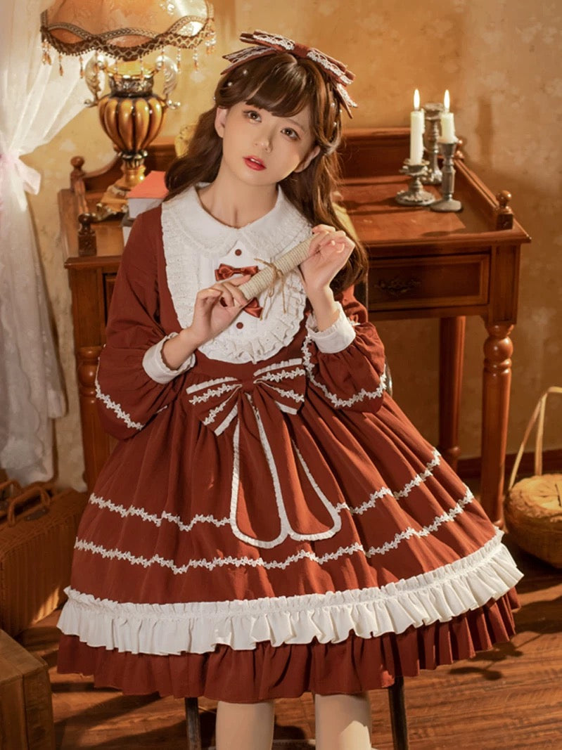 Red Lolita Dress with White Accents and Long Sleeves, Includes Bow Headband.