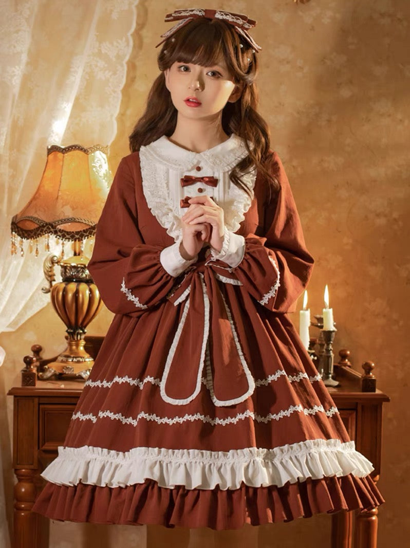 Red Lolita Dress with White Accents and Long Sleeves, Includes Bow Headband.