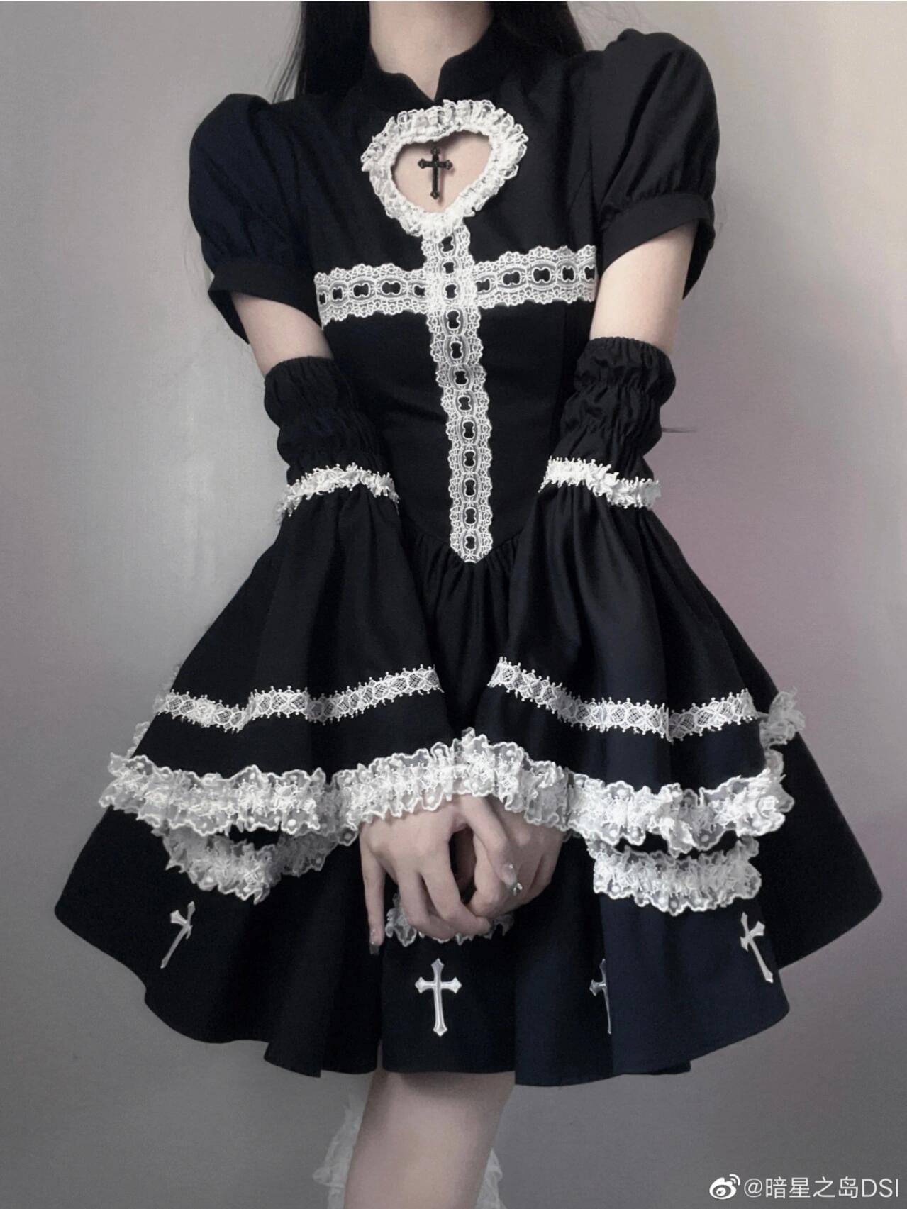 Gothic Black Short Dress with Removable Sleeves and Lace Details + Purple and Black Gothic Lolita Dress with Back Lacing Detail and Bows