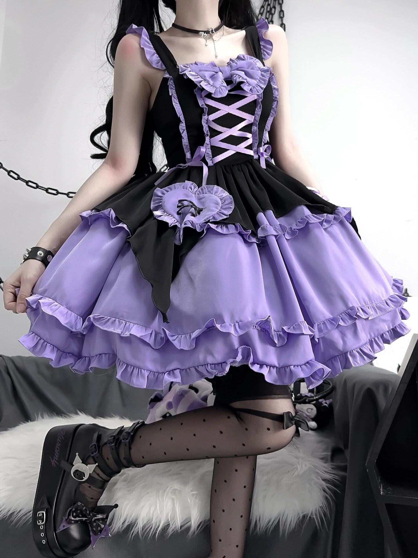 Gothic Black Short Dress with Removable Sleeves and Lace Details + Purple and Black Gothic Lolita Dress with Back Lacing Detail and Bows