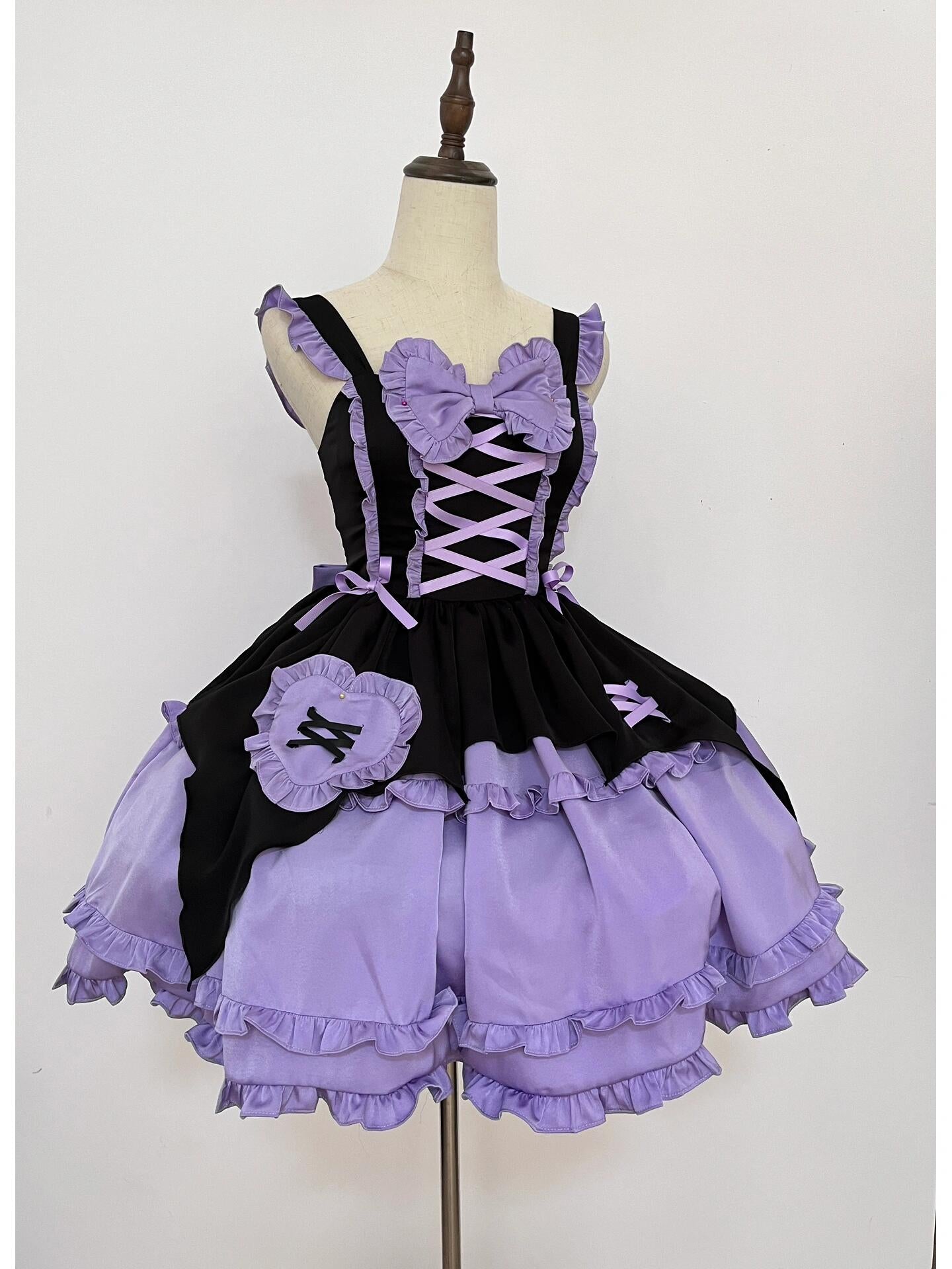 Gothic Black Short Dress with Removable Sleeves and Lace Details + Purple and Black Gothic Lolita Dress with Back Lacing Detail and Bows