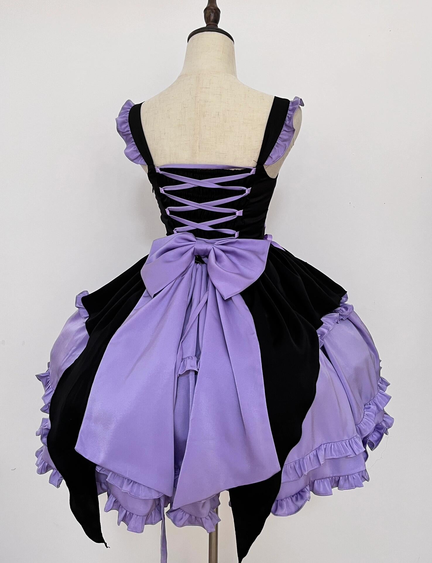 Gothic Black Short Dress with Removable Sleeves and Lace Details + Purple and Black Gothic Lolita Dress with Back Lacing Detail and Bows