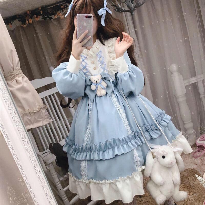 Alice in Wonderland Long Sleeve Dress with Bow + Charm Blue Lolita Dress with White Ruffles and Teddy Detail