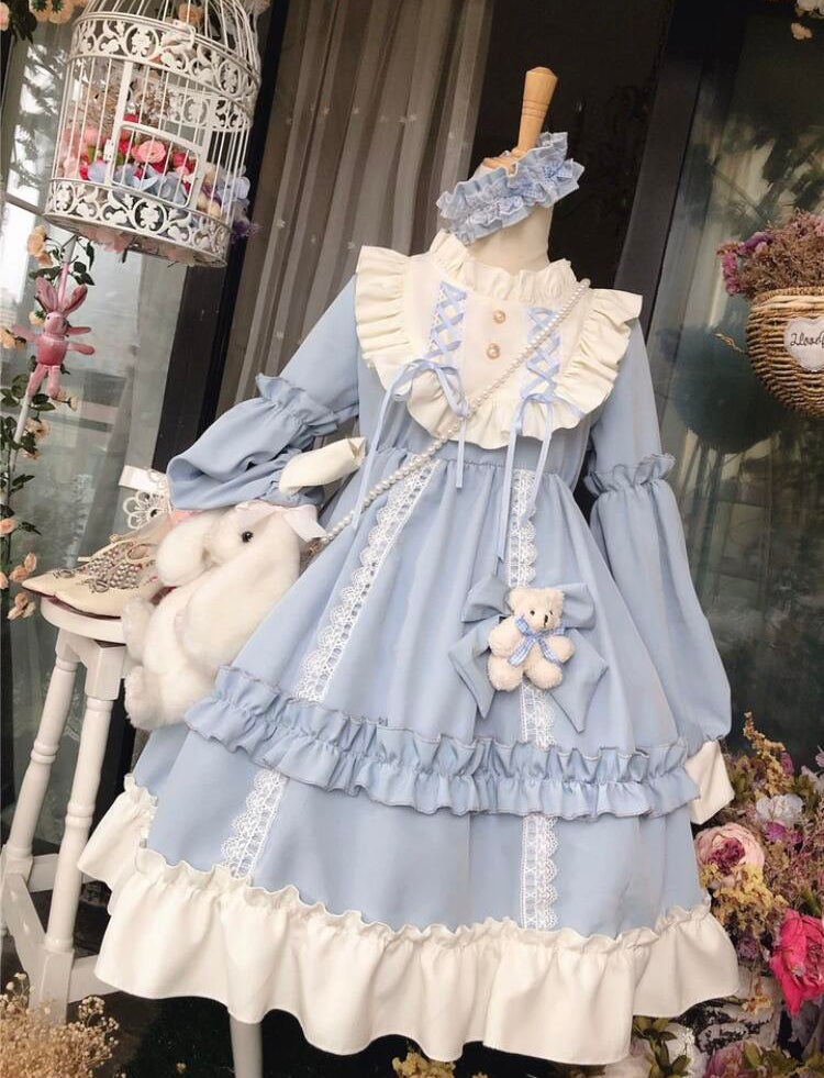 Alice in Wonderland Long Sleeve Dress with Bow + Charm Blue Lolita Dress with White Ruffles and Teddy Detail