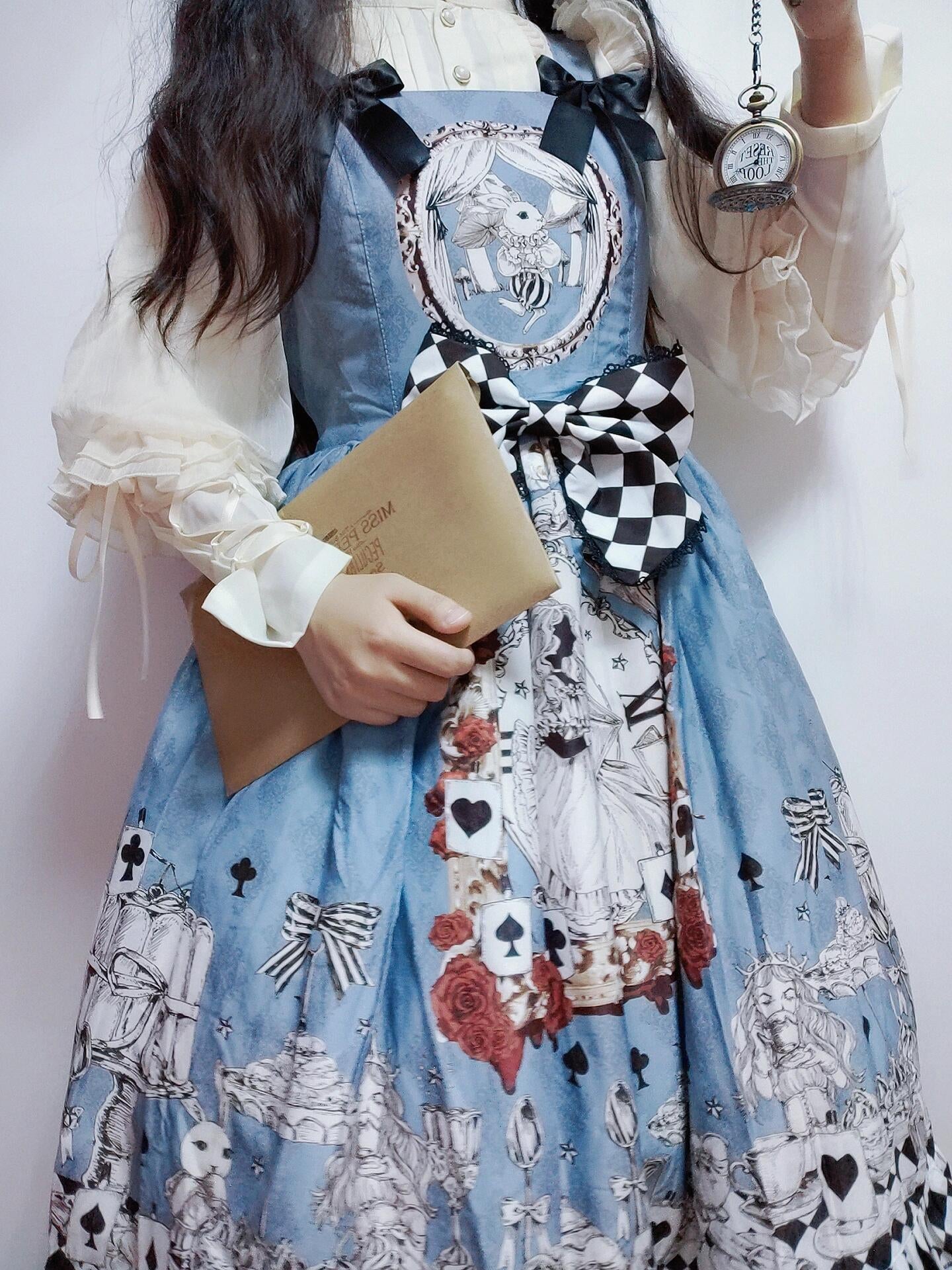 Alice in Wonderland Long Sleeve Dress with Bow + Charm Blue Lolita Dress with White Ruffles and Teddy Detail