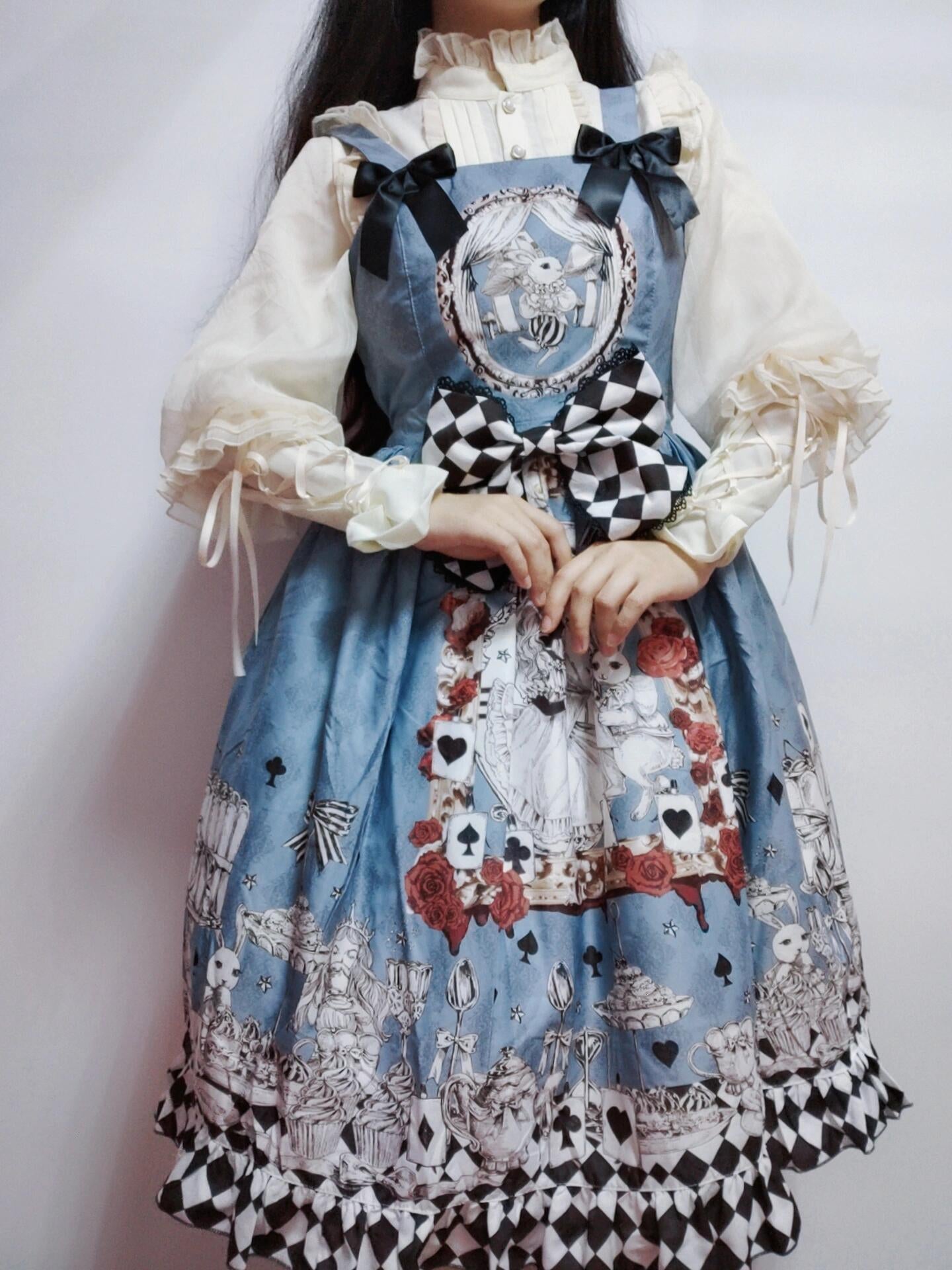 Alice in Wonderland Long Sleeve Dress with Bow + Charm Blue Lolita Dress with White Ruffles and Teddy Detail