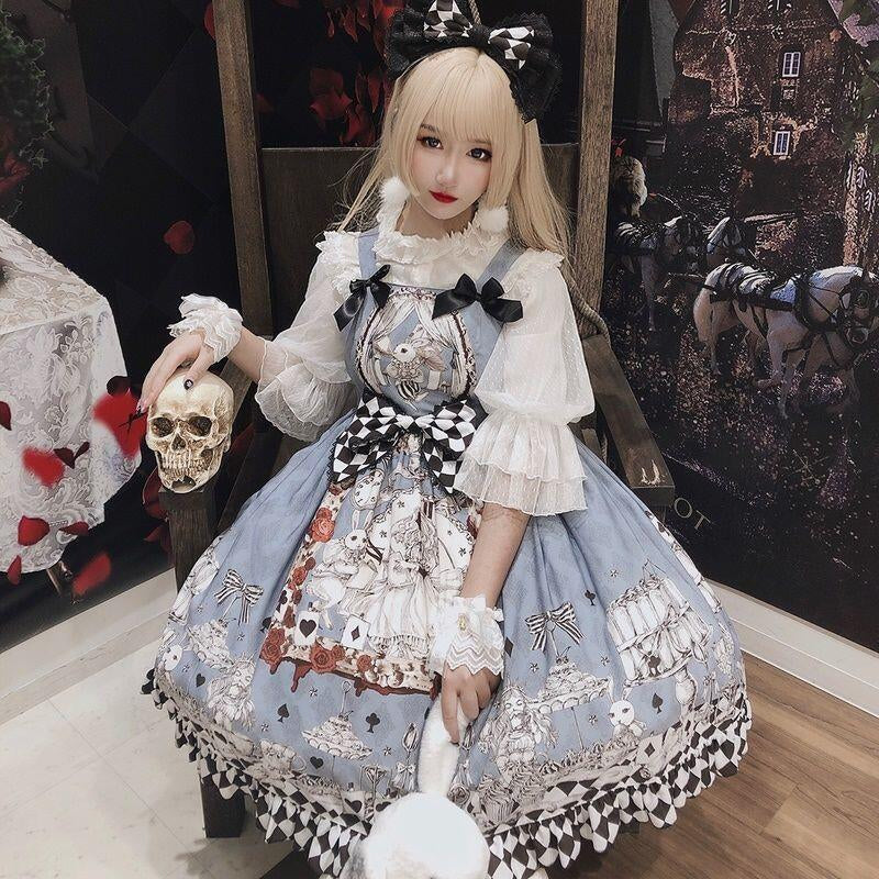 Alice in Wonderland Long Sleeve Dress with Bow + Charm Blue Lolita Dress with White Ruffles and Teddy Detail