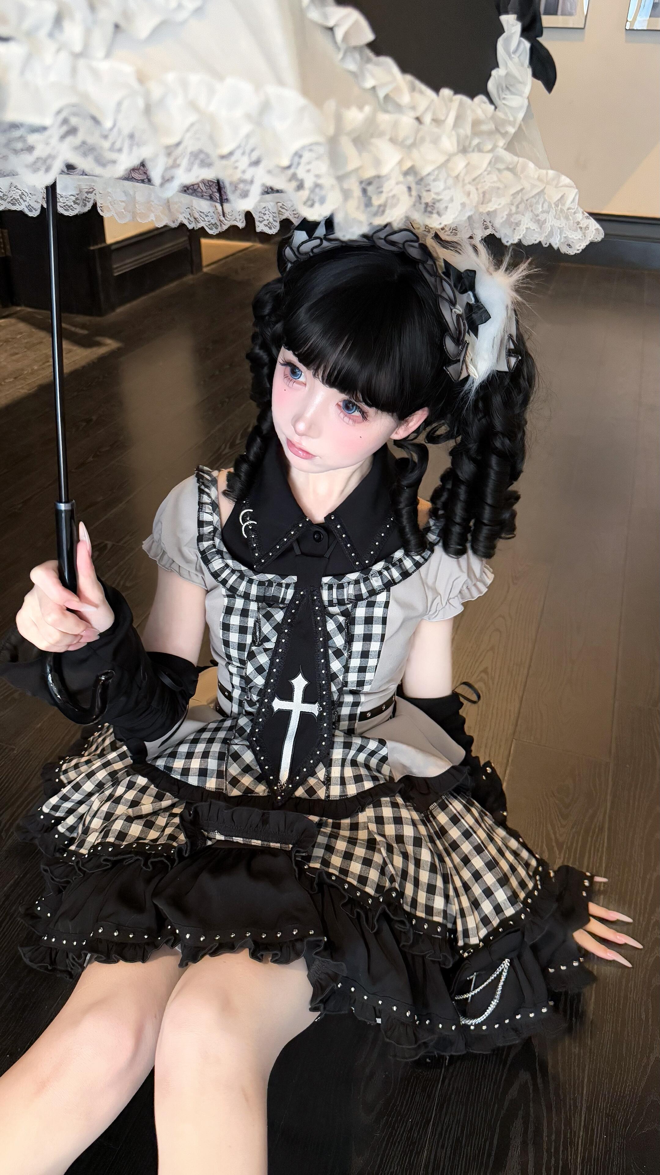 Midnight Checkered Gothic Doll JSK Set (Black & Grey)