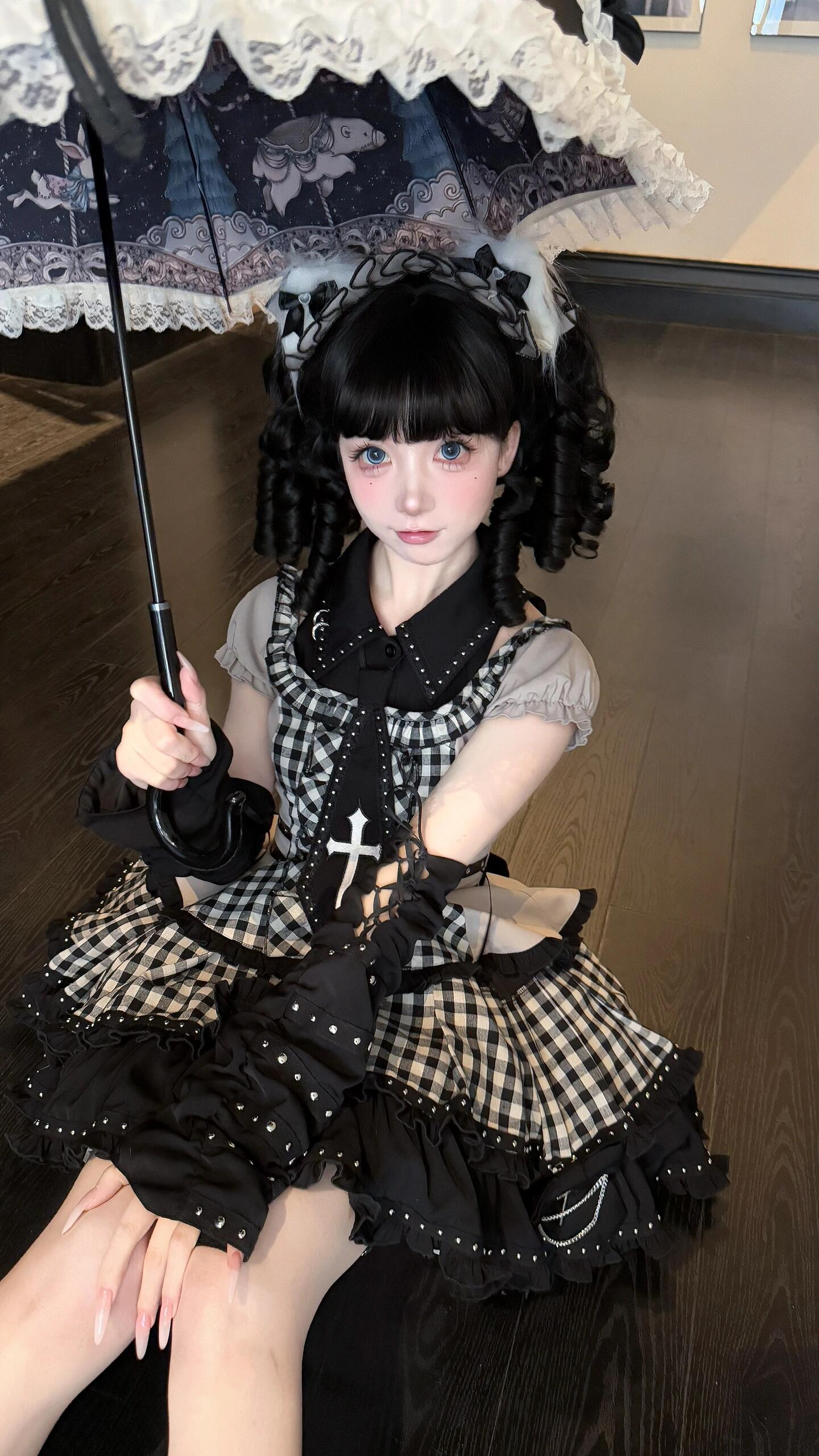 Midnight Checkered Gothic Doll JSK Set (Black & Grey)