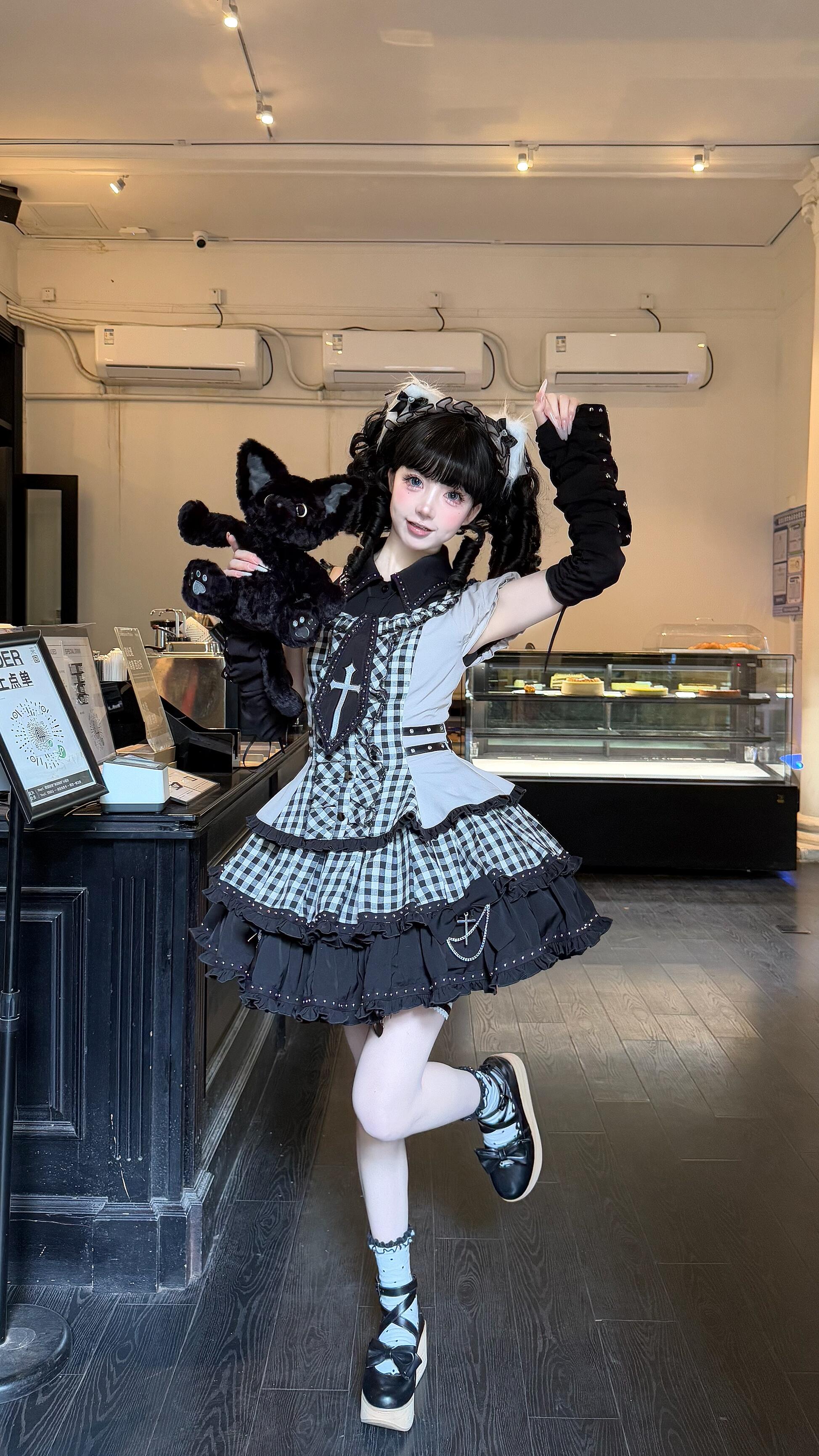 Midnight Checkered Gothic Doll JSK Set (Black & Grey)