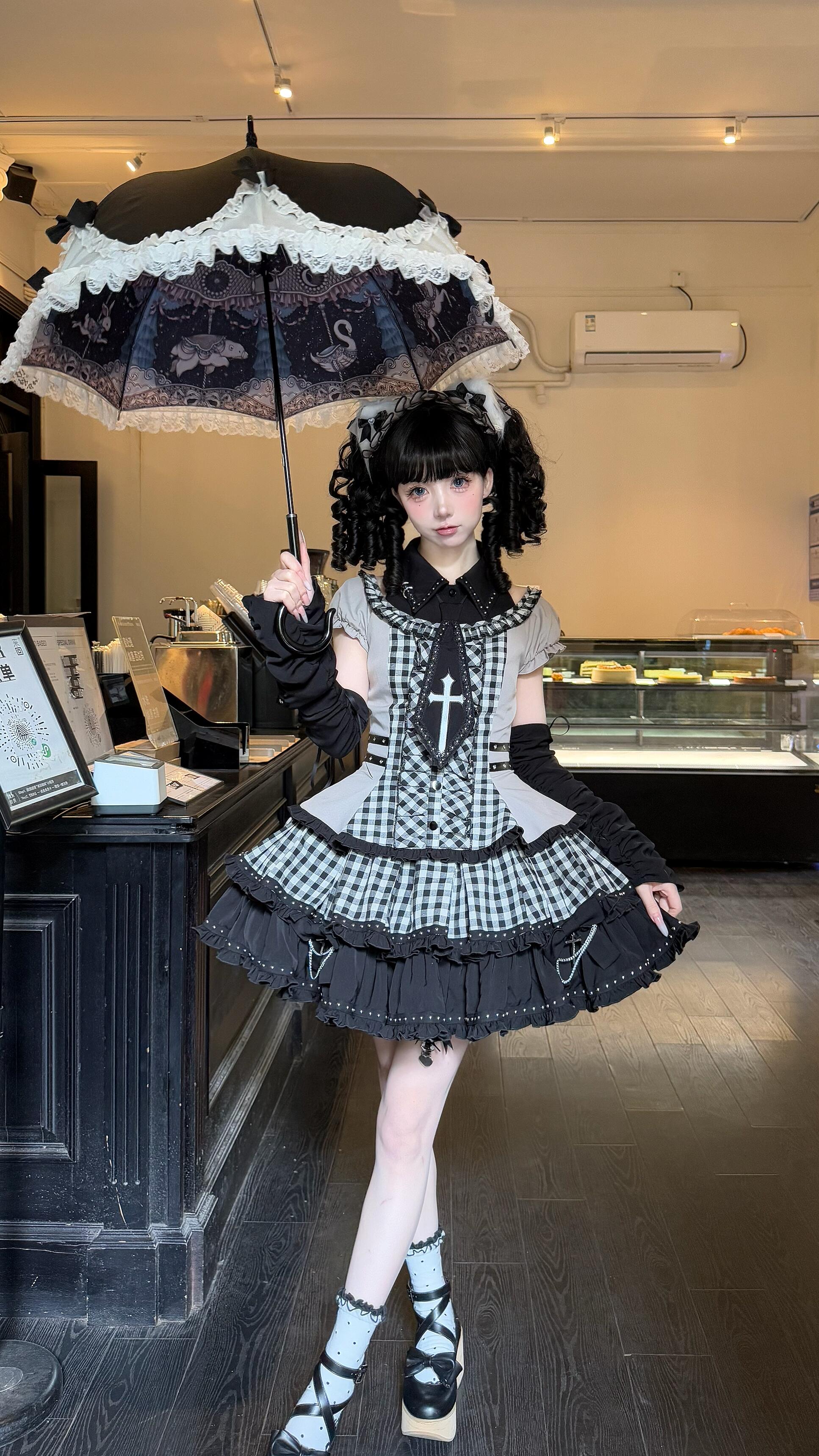 Midnight Checkered Gothic Doll JSK Set (Black & Grey)