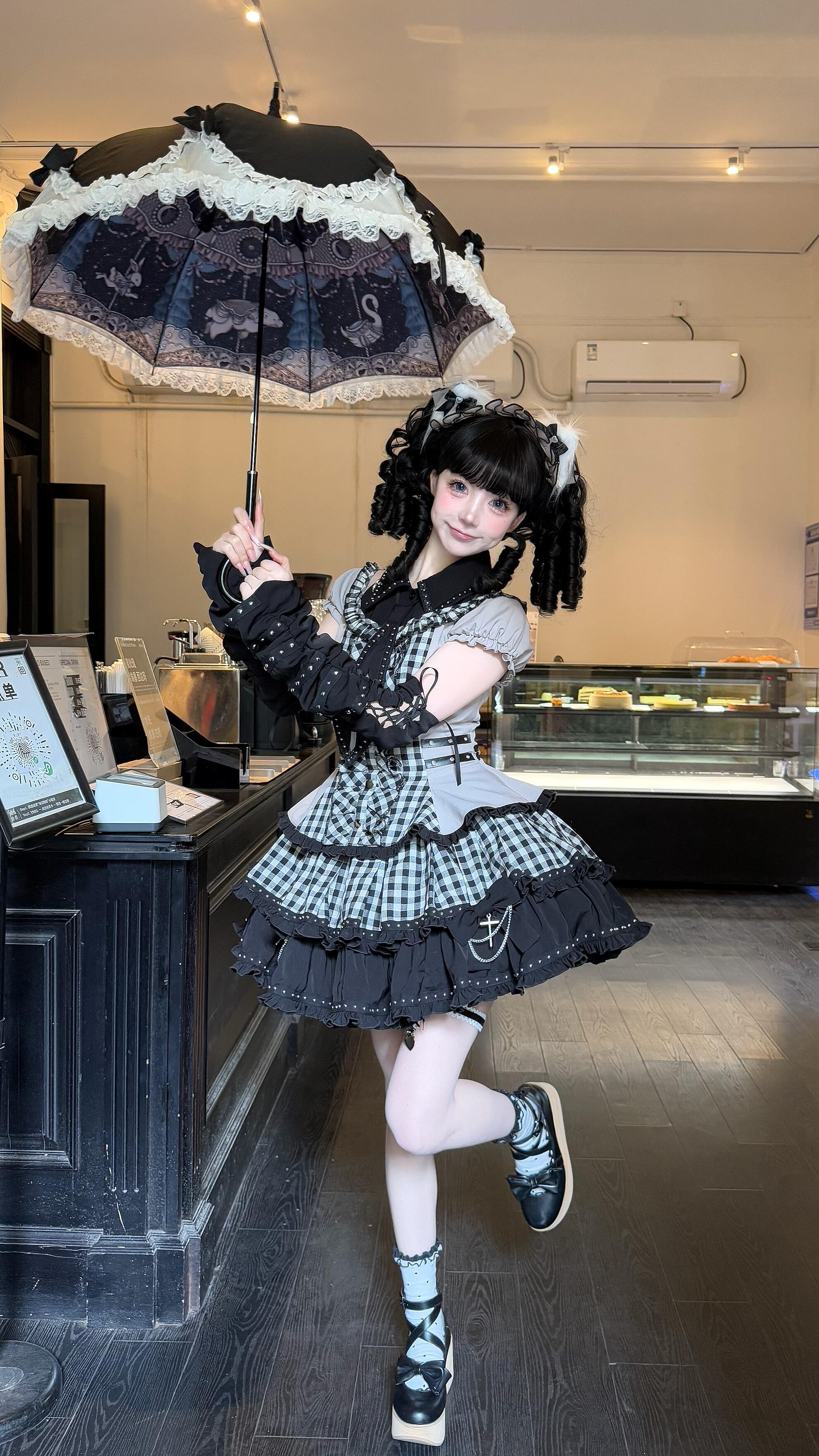Midnight Checkered Gothic Doll JSK Set (Black & Grey)