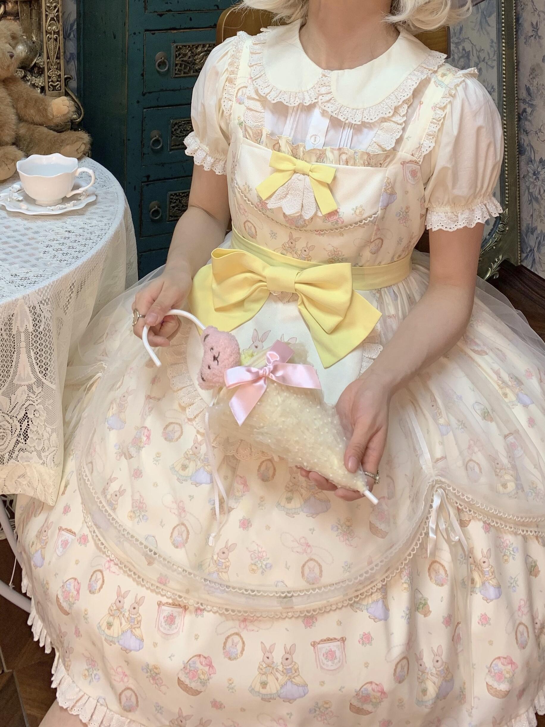 Bunny Tea Party Lolita Dress with Blouse (Cream & Butter Yellow)