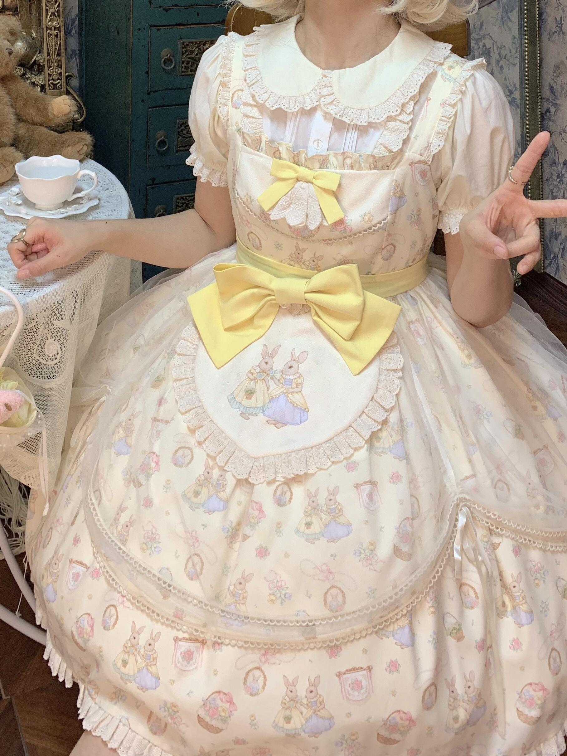 Bunny Tea Party Lolita Dress with Blouse (Cream & Butter Yellow)