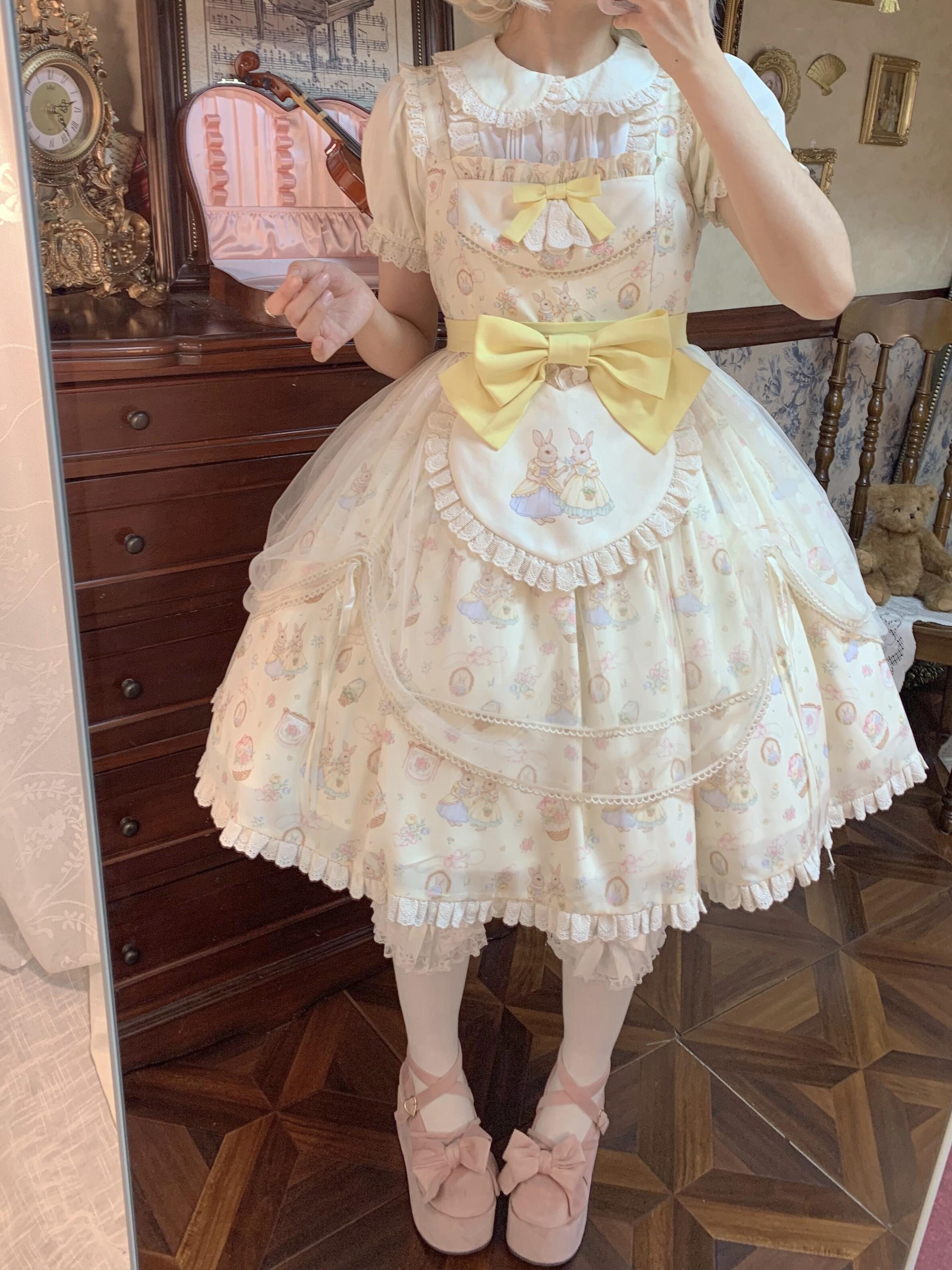 Bunny Tea Party Lolita Dress with Blouse (Cream & Butter Yellow)